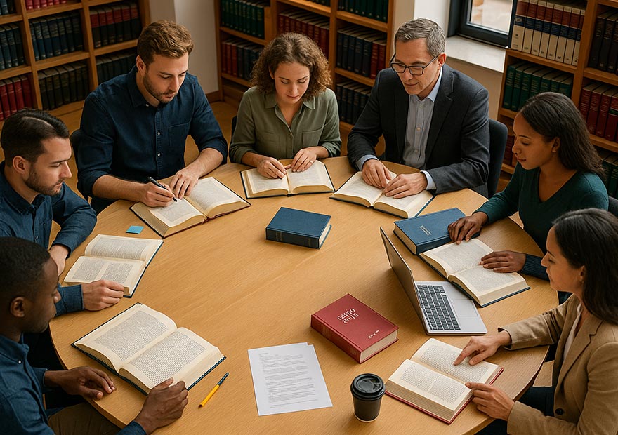 Biblioteca giuridica online - Un grande tavolo tondo visto dall’alto, al centro il logo dello Studio Paolini. Intorno, figure assortite (studente, avvocato, prof, praticante, cittadino) ognuno con un testo aperto.