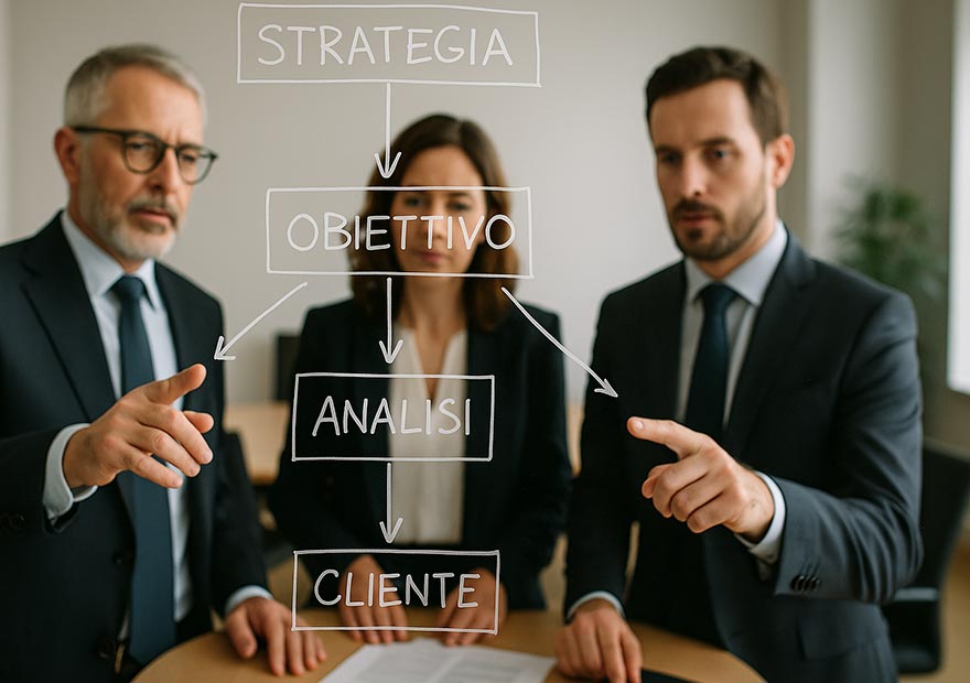 Studio Legale Avezzano - Una lavagna con un piano strategico complesso in evidenza, dietro il quale si intravedono membri del team mentre analizzano e discutono.