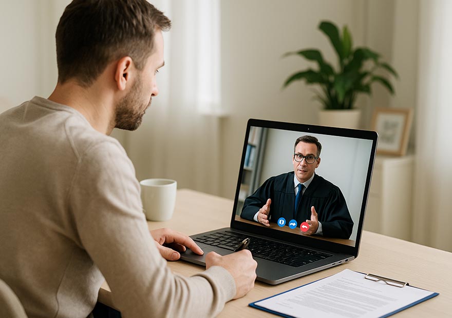 Consulenza legale online - Un cliente in casa o in ufficio, davanti a un laptop, mentre interagisce in videoconferenza con un avvocato dello studio in toga, visibile su schermo
