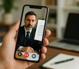 Consulenza legale online - Un telefono che mostra una videochiamata legale con documento condiviso. Sullo sfondo sfocato uno studio.