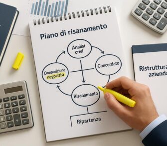 Avvocato diritto fallimentare - una scrivania con un diagramma a fasi (es. analisi, ristrutturazione, concordato, ripartenza) e documenti aperti.