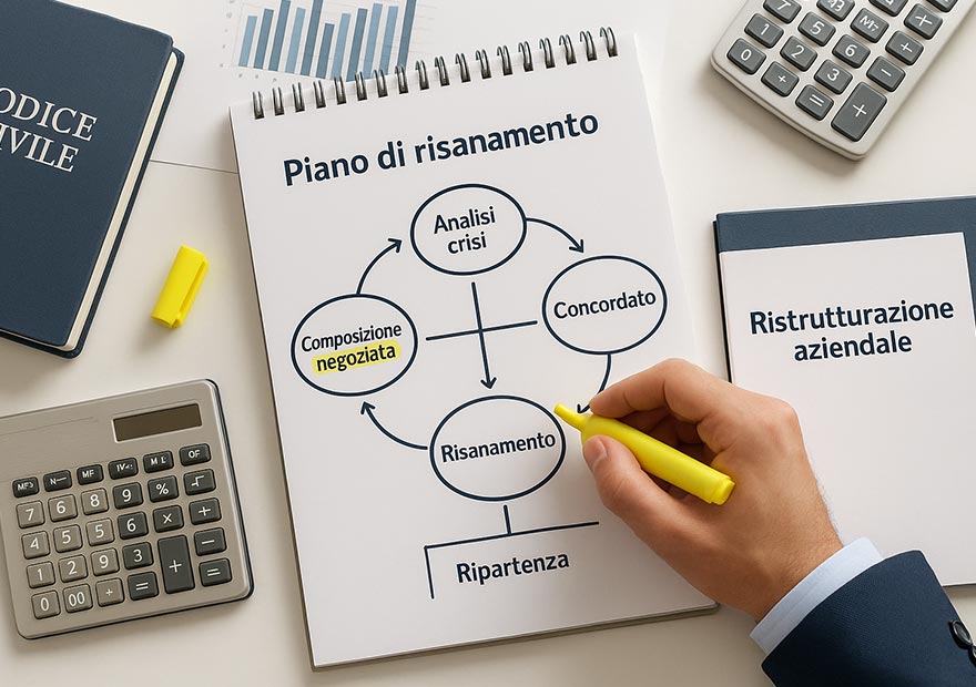Avvocato diritto fallimentare - una scrivania con un diagramma a fasi (es. analisi, ristrutturazione, concordato, ripartenza) e documenti aperti.