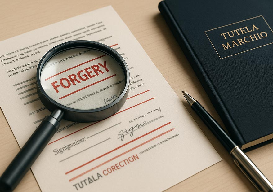Tutela proprietà industriale - Un visore tecnologico o lente d’ingrandimento sopra un documento falso, con evidenziatura rossa