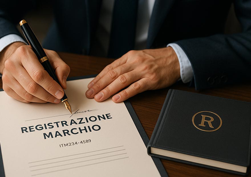 Tutela proprietà industriale - Una mano che firma un documento con il titolo: Registrazione Marchio