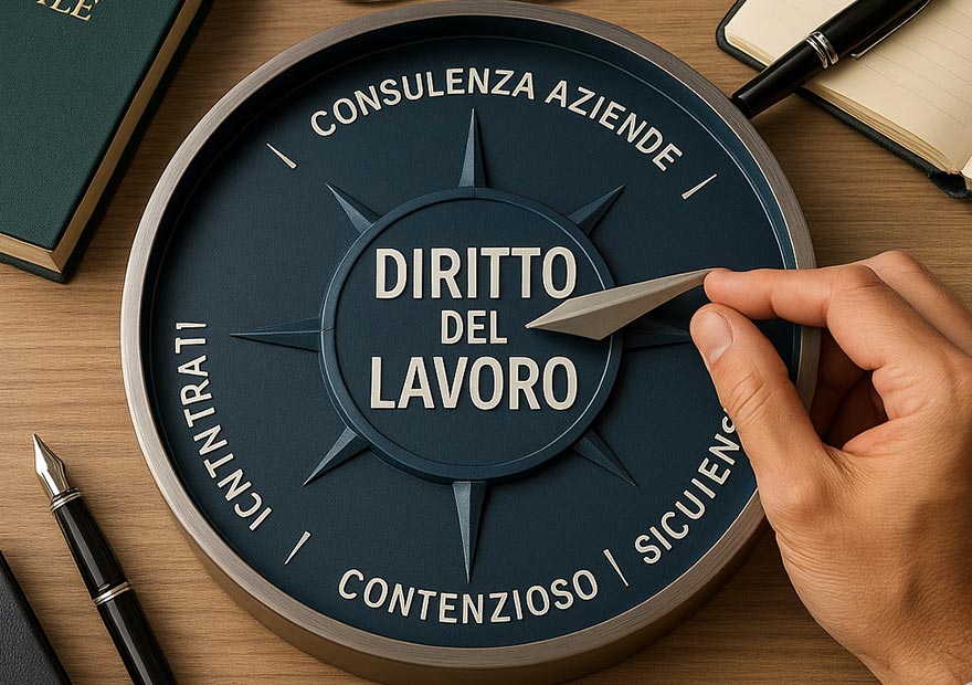 Avvocato diritto del lavoro - Una grande bussola stilizzata con la scritta “Diritto del Lavoro” al centro, circondata da parole chiave: “contratti”, “licenziamenti”, “consulenza aziende”, “contenzioso”. Una mano ferma la bussola e ne indica la direzione “sicurezza”.