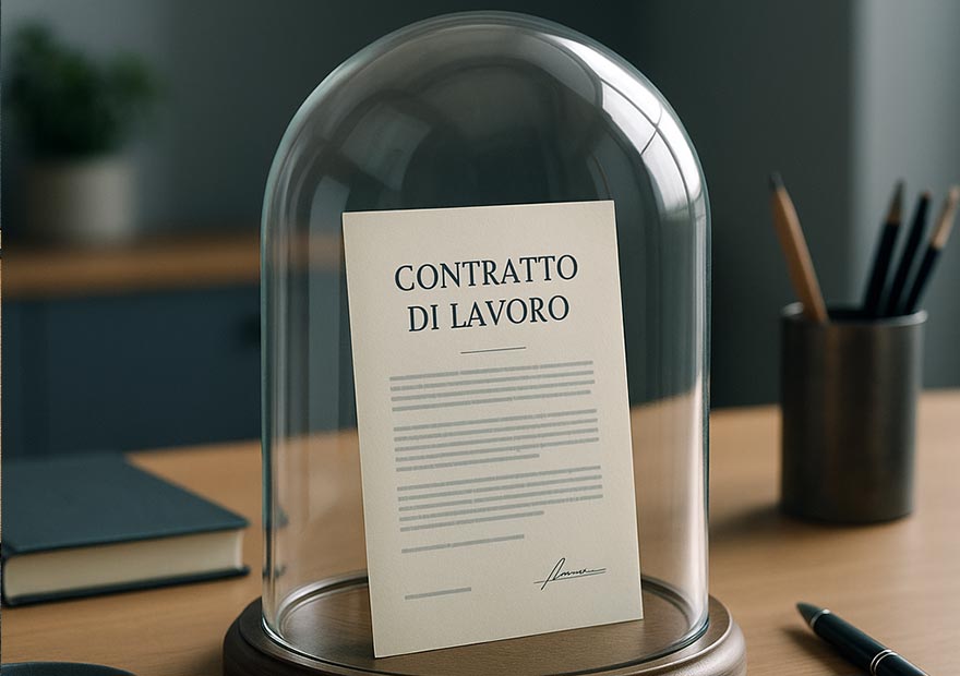 Avvocato diritto del lavoro - Un contratto di lavoro avvolto da un’aura protettiva trasparente, come una campana di vetro.