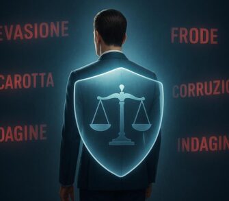 Avvocato penale economia. Una silhouette stilizzata con giacca, protetta da uno scudo trasparente con simbolo della bilancia.