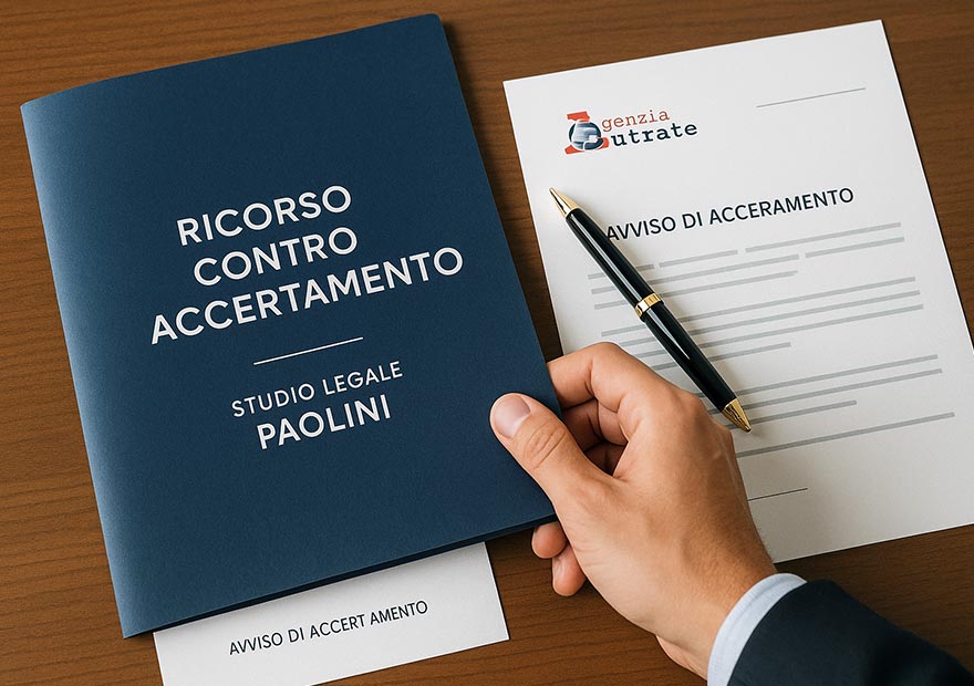 Avvocato diritto tributario. Una scrivania con un fascicolo blu con etichetta “Ricorso contro accertamento”, accanto a una notifica dell’Agenzia delle Entrate