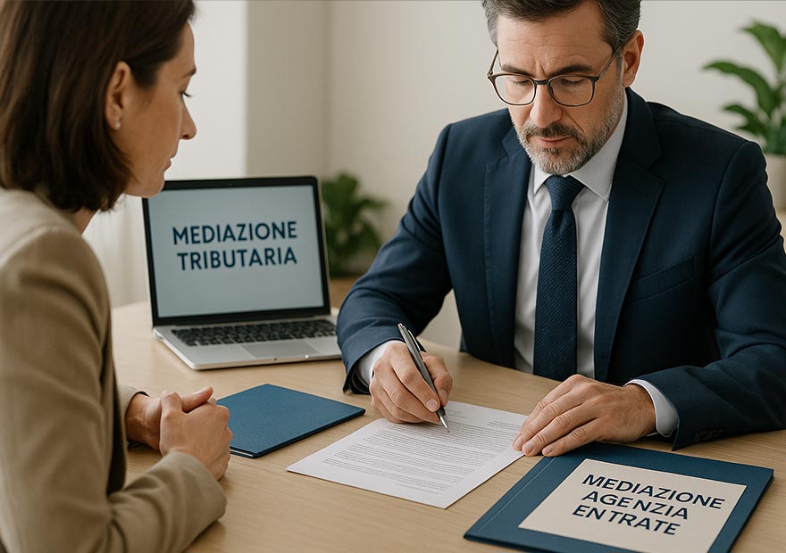Avvocato diritto tributario. n avvocato e un cliente al tavolo, con documenti visibili e una simulazione sullo schermo