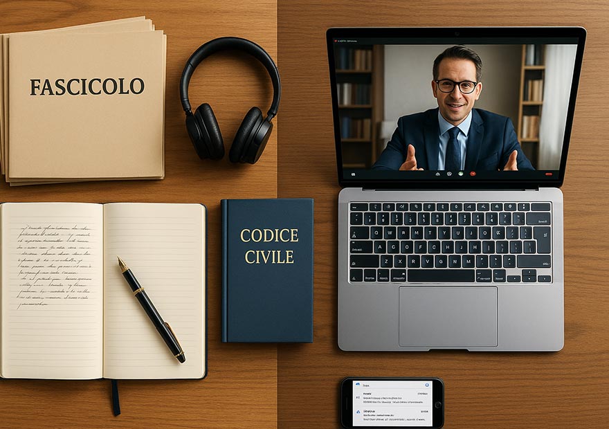 Servizi legali Avezzano - Una scrivania con metà superficie tradizionale (fascicoli, penna, codice), metà digitale (laptop con Zoom aperto, email visibile, cuffiette)